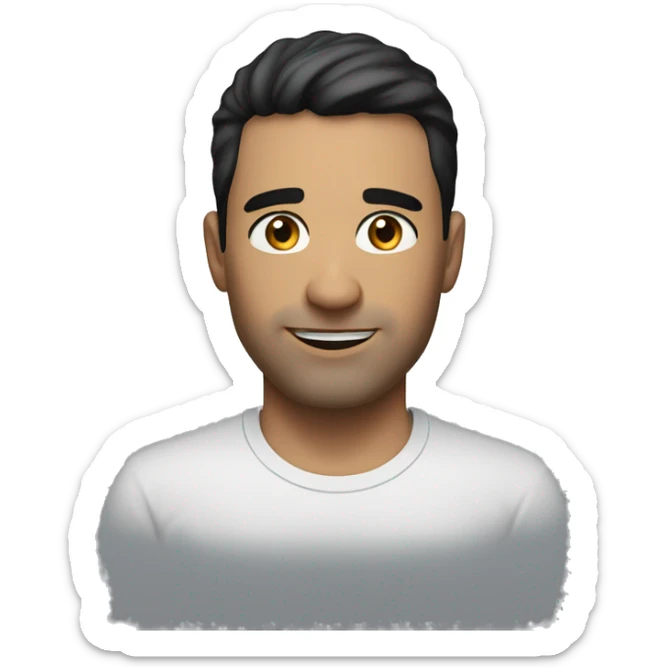 A head and shoulders shot of a 33 year old white man, with short black hair,   with brown eyes wearing a t-shirt. sticker