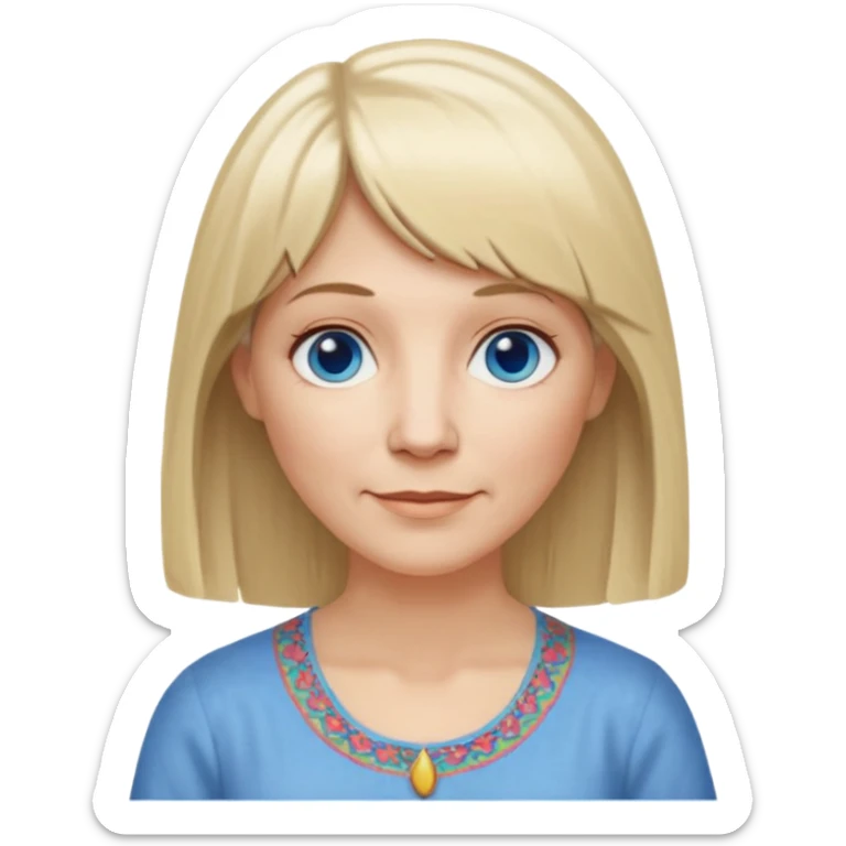 50 yr old white woman, hippie part short bangs, very long straight blond hair, oval face, small smile, blue eyes, thin face, hair downback, hair parted at center of head, round cheeks, pale, longer hair, white shirt sticker