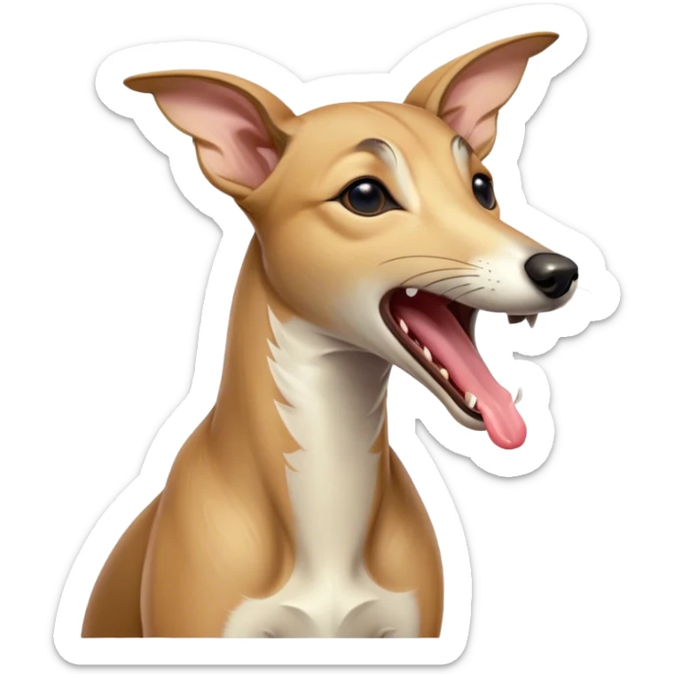 Cinematic Cute Yawning Fawn Greyhound Portrait Emoji, Head tilted slightly with a dramatic, wide-open yawn, showcasing a smooth fawn Fur with a refined finish, floppy ears slightly drooping, round eyes barely open in drowsy contentment, Simplified yet irresistibly adorable features, highly detailed, glowing with a soft, cozy glow, high shine, relaxed yet expressive, stylized with a touch of whimsy, bright and endearing, soft glowing outline, capturing the essence of a sleepy yet affectionate companion, so drowsy it feels like it could stretch out of the screen and curl up for a nap! sticker