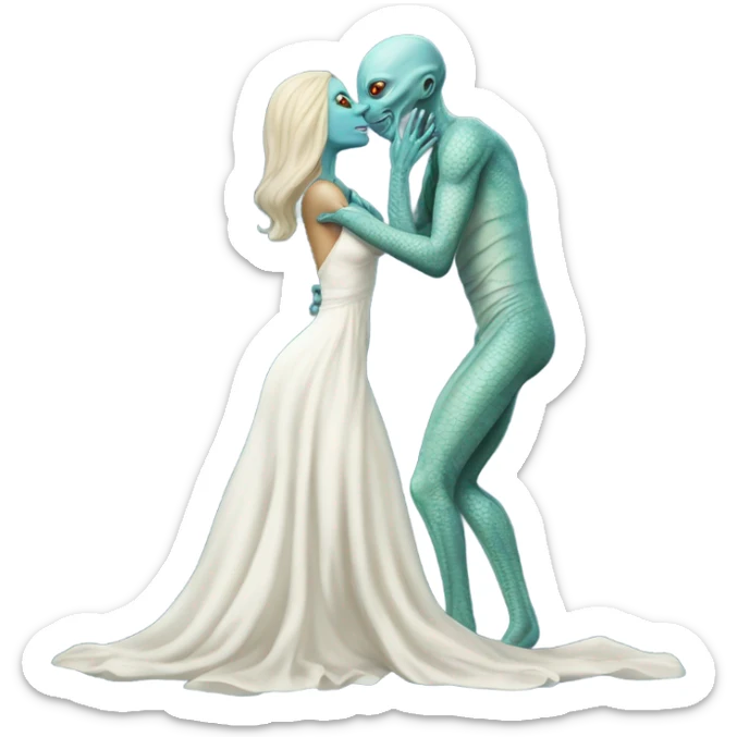 Alien reptilian woman in white dress hugs and kissing a normal "white male human man" in blue dress sticker