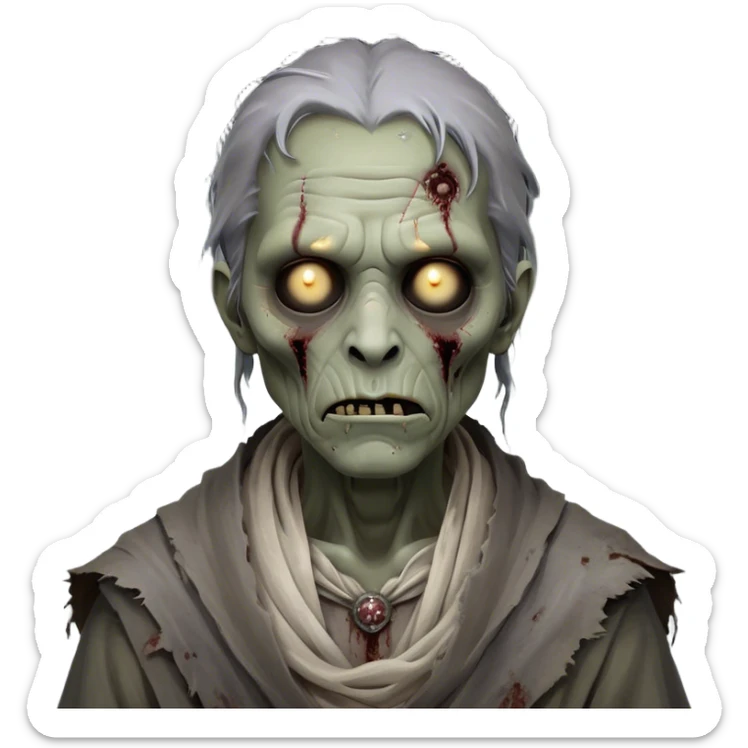 Cinematic Noble Zombie Portrait Emoji, Surprisingly dignified and somber, with a decaying yet strangely regal visage in ashen grays and muted tones, draped in tattered attire hinting at a lost grandeur, simplified yet meticulously detailed, glowing with a soft, eerie radiance and a gentle outline that evokes the tragic nobility of the undead! sticker