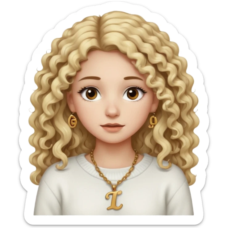 a dirty blonde girl with brown eyes and make her wearing a white sweater and a smallnecklace with I intial with really long curly hair and white skin color, long hair and really big lashes sticker