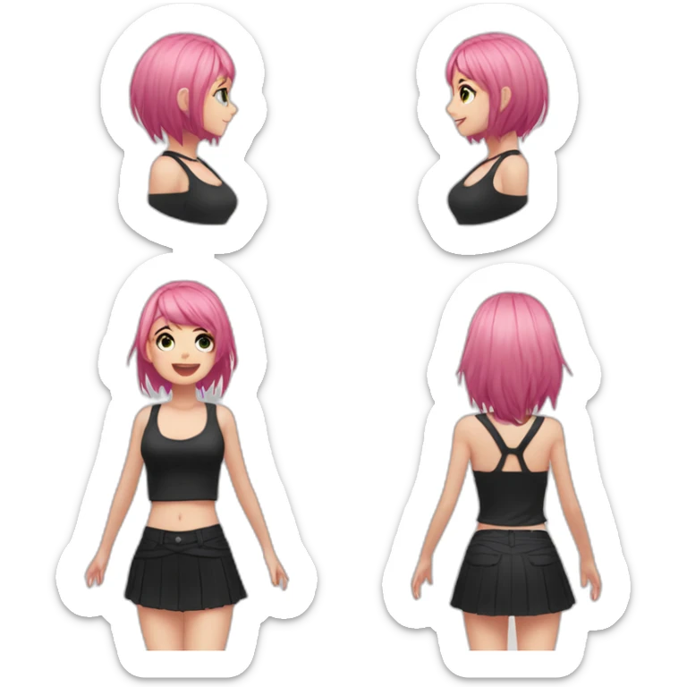 Full body Front view curvy emo girl pink hair sits on the floor straight view hands up black skirt белые трусики полосатые рваные чулки sticker