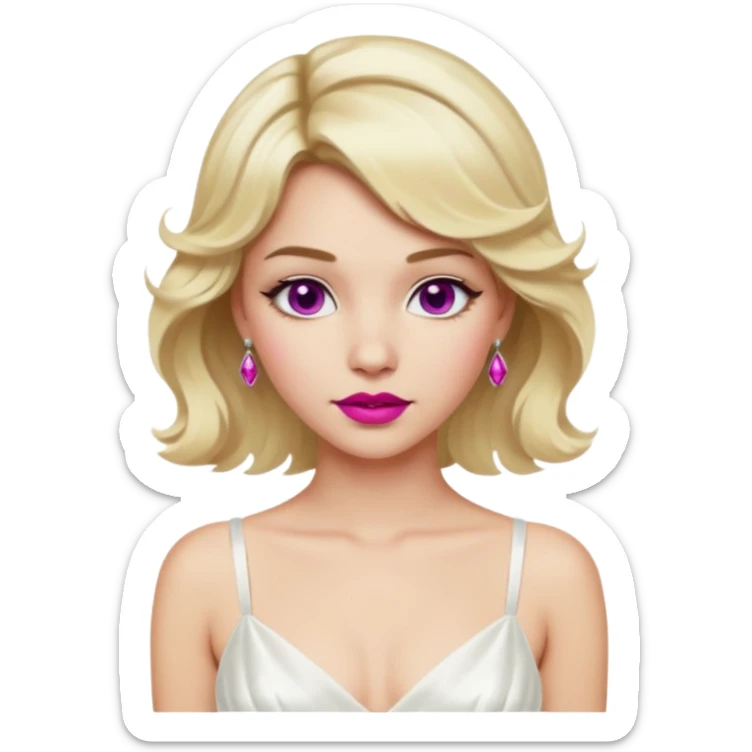 Bride with short wavy blonde hair, hot pink background and white silk chemise dress. Add fuscia background. Add fascia lipstick sticker