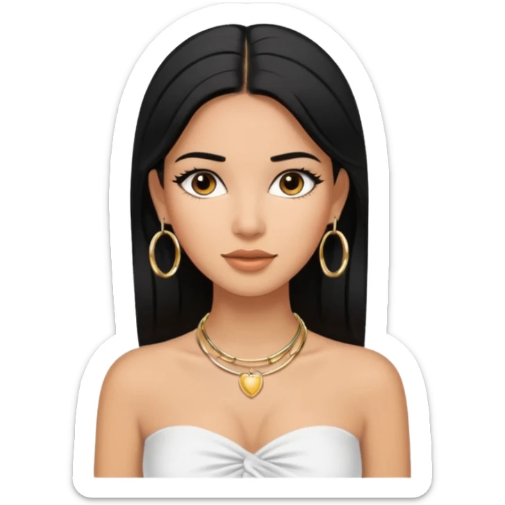 latina makeup olsun, saçları düz, halka küpeler büyük gümüş renginde olsun, kolye taksın ve beyaz bir Bandeau top kıyafet giyisin sticker