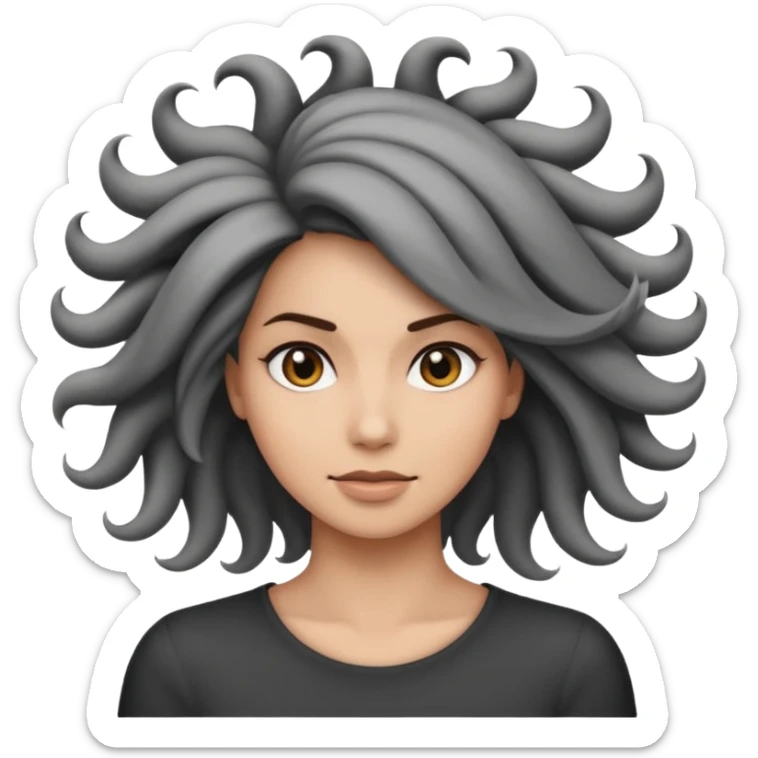 Minimalist emoji-style sticker of a woman’s head in profile, her hair spiraling into a vortex shape. Desaturated black and gray tones, emoji proportions.
 sticker