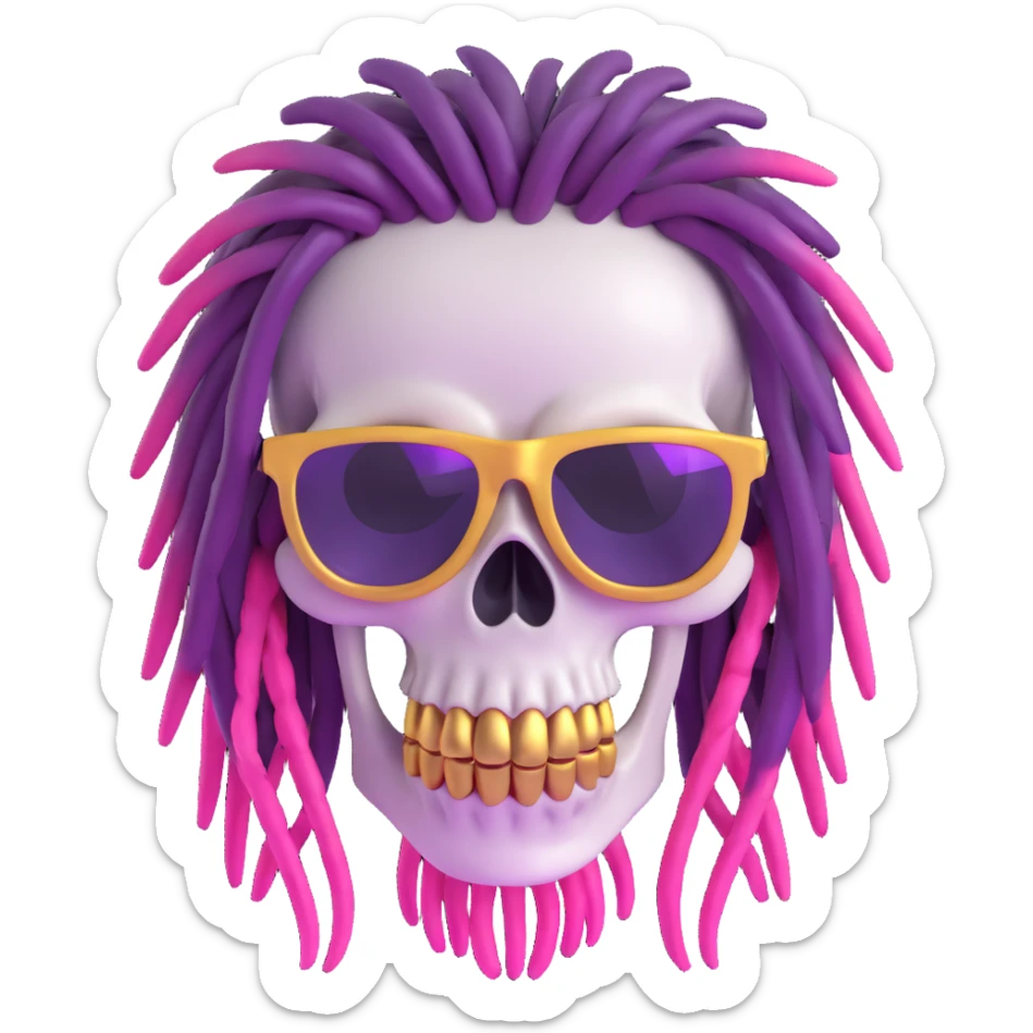 Remove the beard from the 3D cartoon skull with purple and pink ombre dreadlocks, gold teeth, and sunglasses. No tattoo on forehead. Keep the original 3D cartoon skull style. No background. sticker
