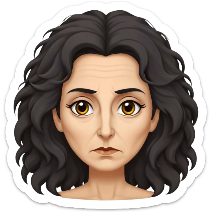 Mirri Maz Duur is a weathered, age 50 woman with deep-set dark eyes, high cheekbones, and a sharp nose, giving her a stern, knowing expression. Her long, unkempt dark frizzy hair  falls loosely over her shoulders sticker