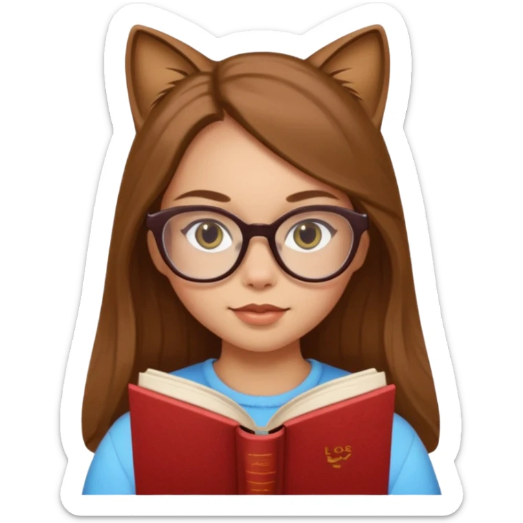 ACB clean beautiful girl long brown hair, wear glasses cat eye, reading a book sticker