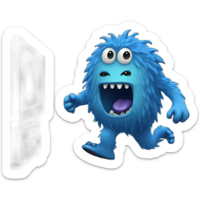 blue monster stepping out of an old tv emoji sticker
