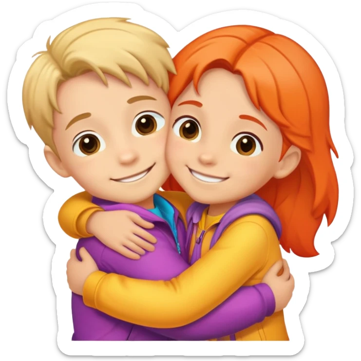 Cute colorful sticker: two small children hugging each other. The kids are smiling, wearing bright clothes. Style: cartoonish, cute, warm, with soft lines. White or transparent background. sticker