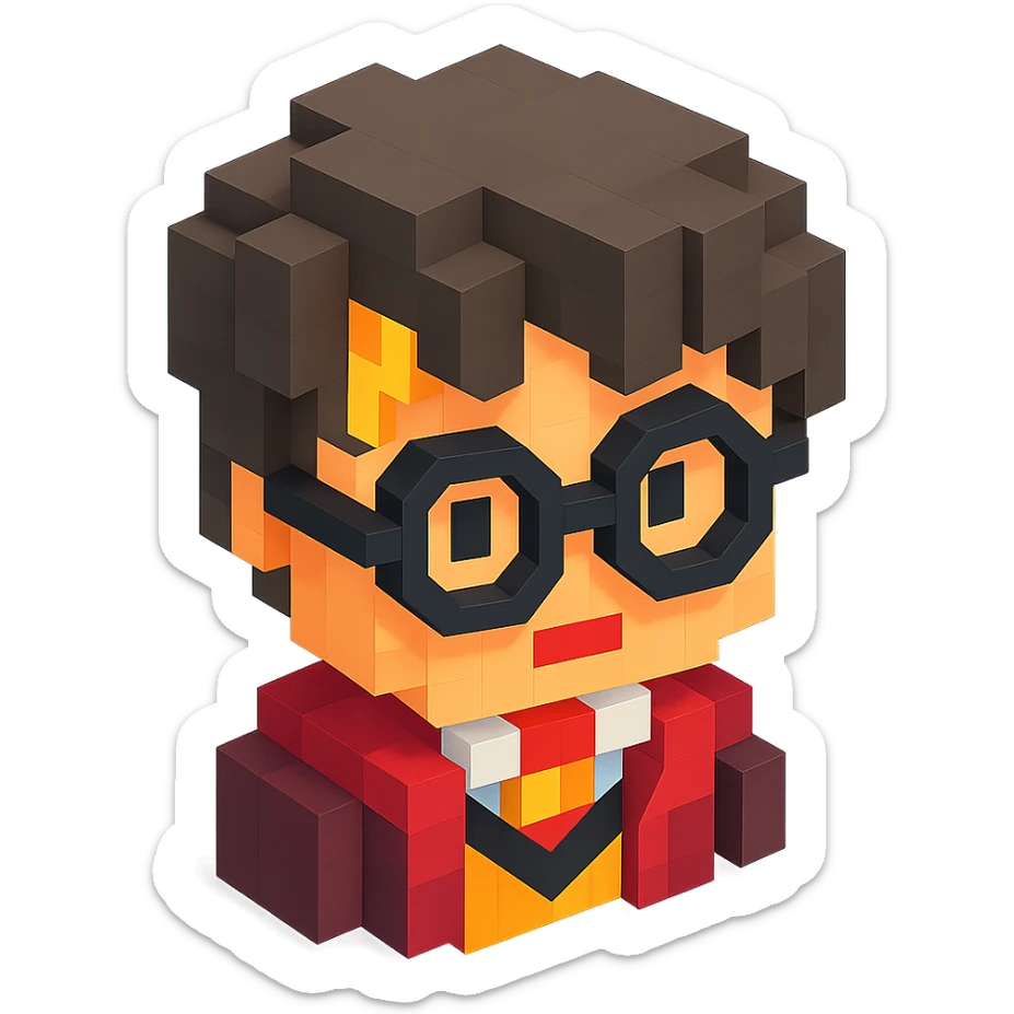 3D Minecraft-style voxel emoji of a Harry Potter character, blocky and cubic, with round glasses and a lightning bolt scar sticker