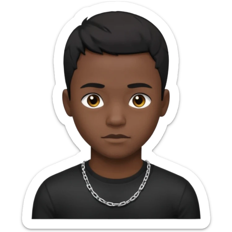 Generate a emoji of a black boy wearing a black compressed T-shirt with short black hair and make him wearing a silver chain and make the chain thin sticker