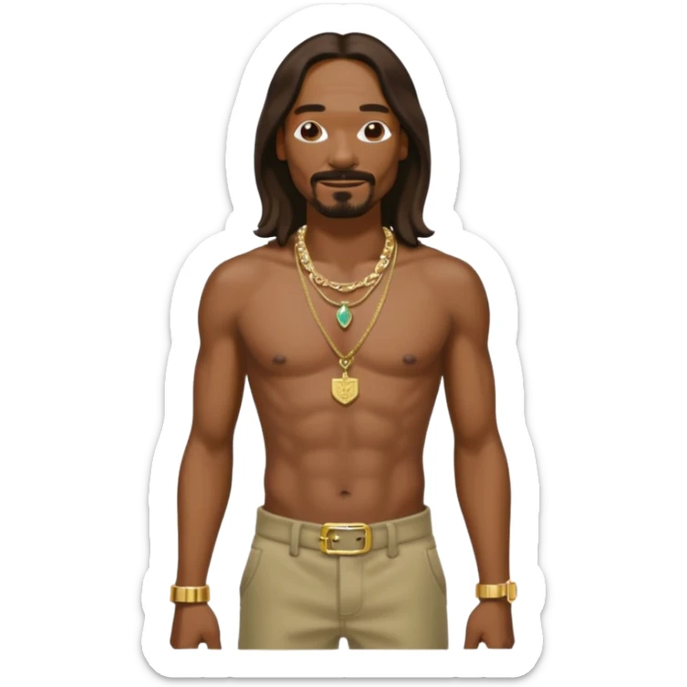 Snoop Dogg with dark brown long hair, shirtless with necklace, khaki pants sticker