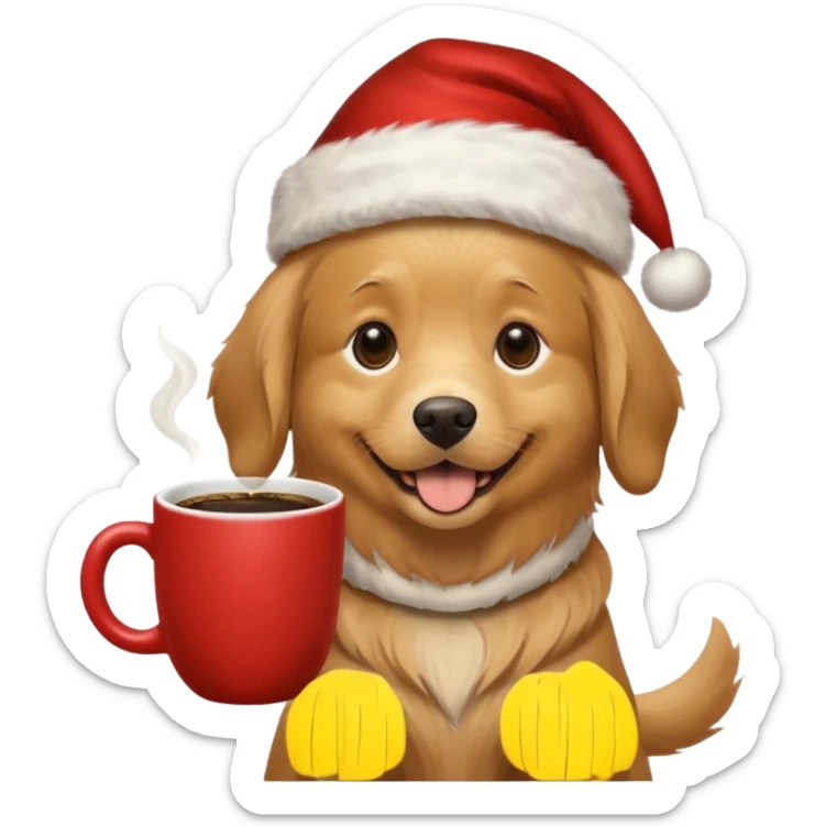 Un perro con un sombrero de Navidad que tenga una taza de café en la mano sticker
