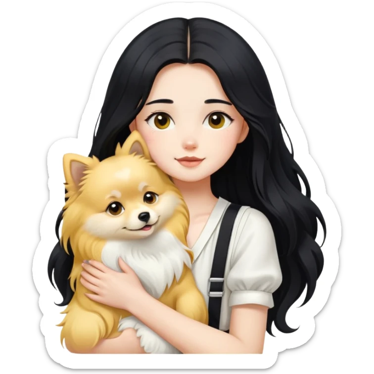A girl with fair skin, long black hair, white suspenders, hugging a pure yellow long-haired Pomeranian sticker