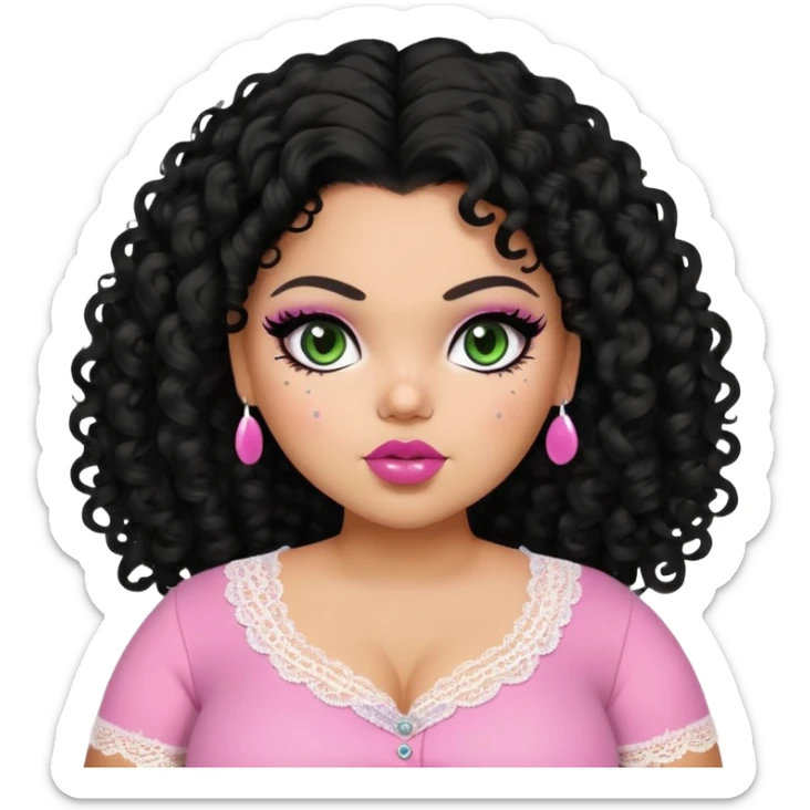 big fat plus size, pretty bratz girl, black curly hair, freckles, dark green eyes, pink lips, black eyeliner, tan skin, cute lace girly clothes sticker