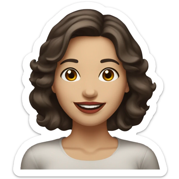A cheerful woman in her 30s with fair skin, shoulder-length wavy dark brown hair, and a round face with prominent cheekbones. She has hazel eyes, full lips with red lipstick, and a warm, friendly smile. sticker