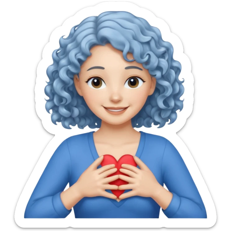 silver, wavy/curly hair chin-length lady giving hug with 2 arms, blue v-neck and smilingm add a heart sticker