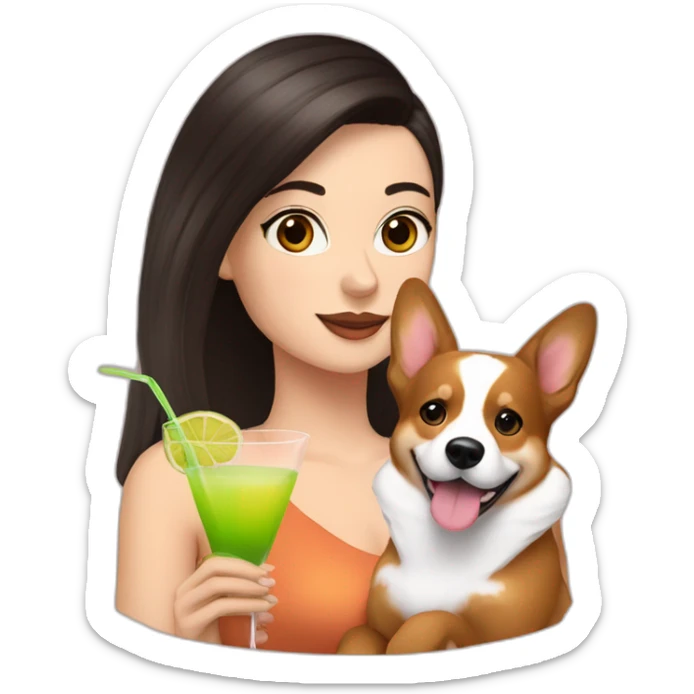 a white girl with dark hair holding a corgi and a cocktail sticker