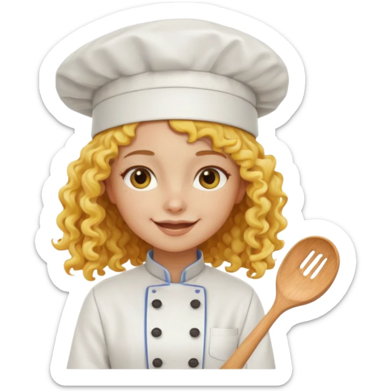 girl, yellow Long curly hair, happy, wearing chef uniform and chef hat sticker