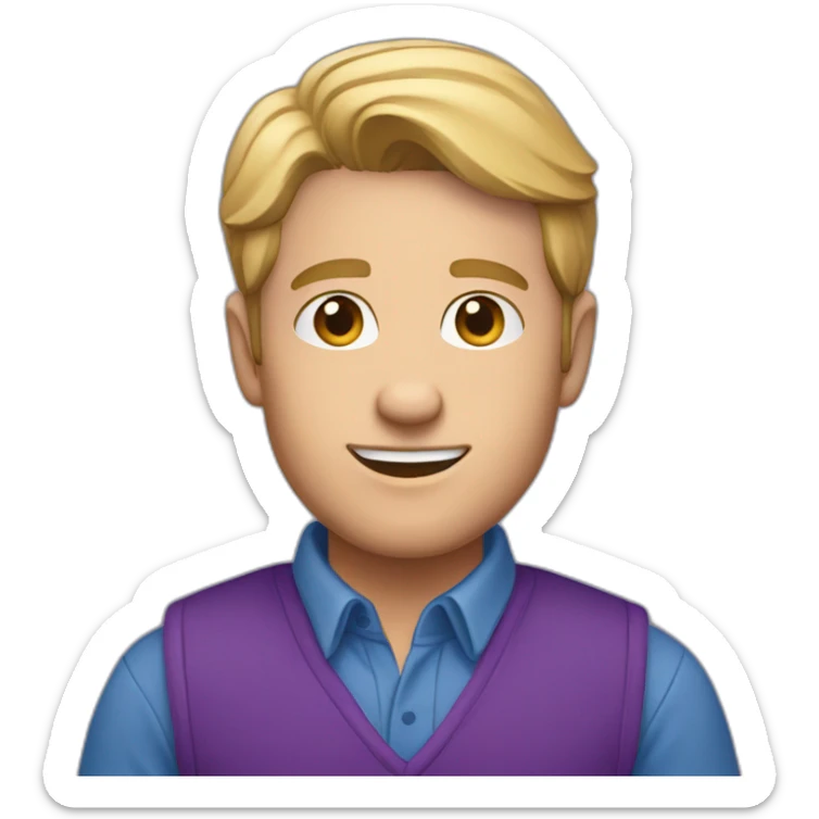 white male in blue fleece vest and purple button up shirt sticker