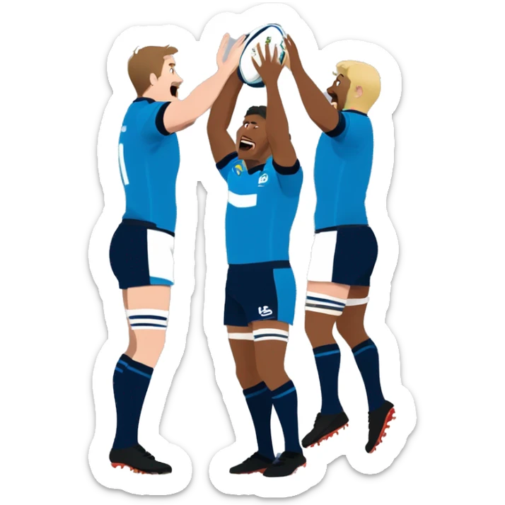 two rugby players lifting another player to catch a ball in a lineout, all players wearing blue kit sticker