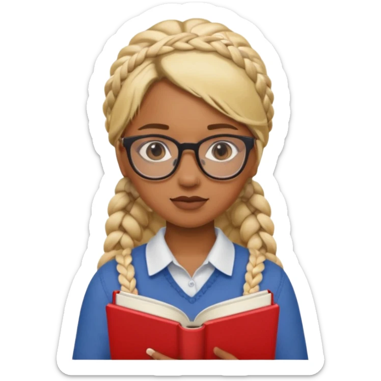 A student, girl, brown skin, braid blonde hair, wearing glasses, hold red book in front of their chest sticker