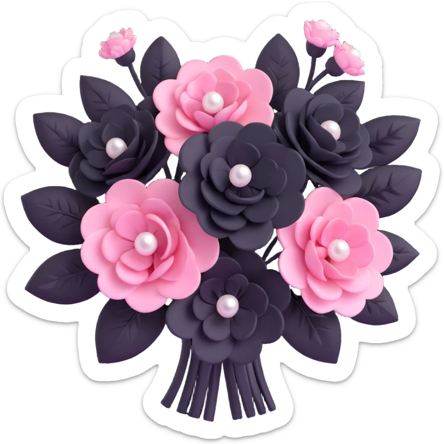 minimal 3D gothic bouquet with pearls, pink and black flowers, simple and elegant sticker