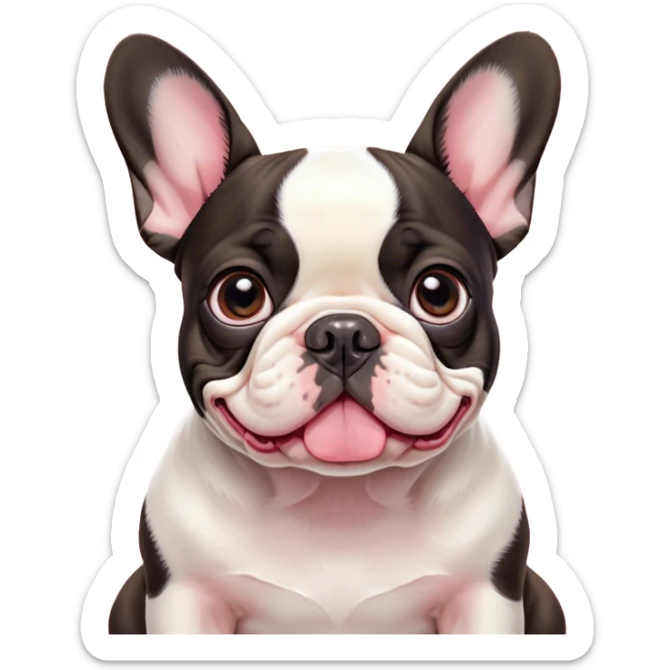 Cinematic Cute Pied French Bulldog Portrait Emoji, Head tilted with a sweet, mischievous grin and large, inviting eyes, featuring a unique pied fur of contrasting colors, simplified yet irresistibly endearing, highly detailed, glowing with a warm, playful radiance, high shine, exuding a quirky charm and affectionate personality, styled with a soft, lighthearted outline, capturing the essence of a cute Pied French Bulldog that looks ready to charm its way into your heart! sticker
