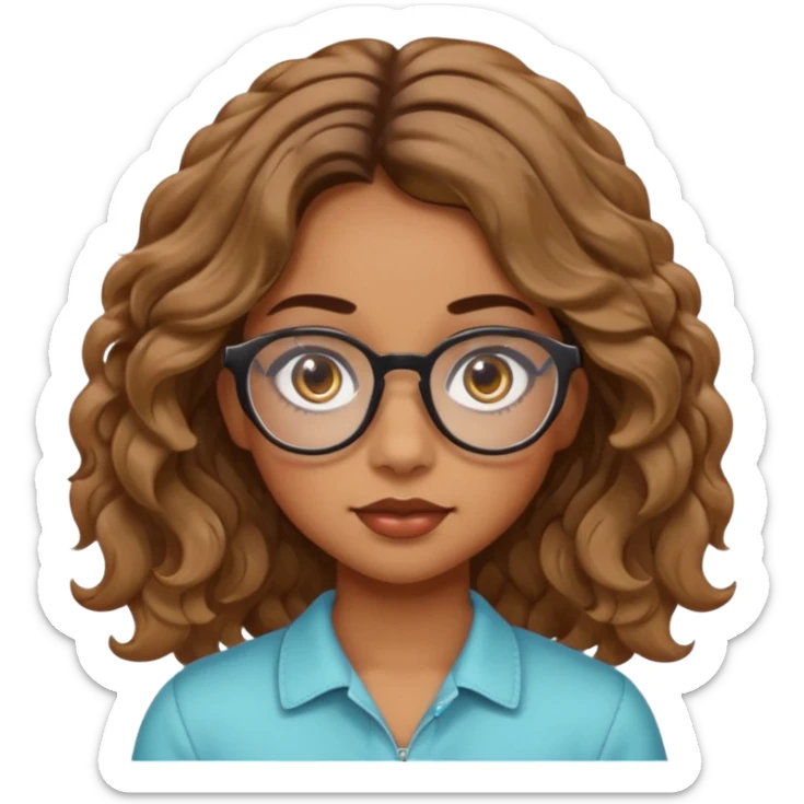 girl with wavy hair, almond shaped eyes, birthmark near her eye, tan, with swag, and glasses sticker