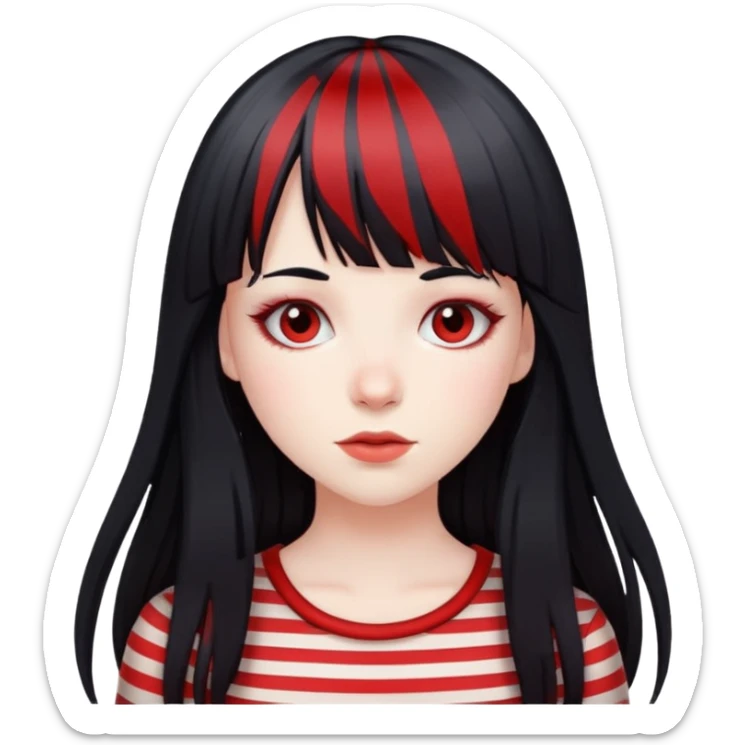 Pale girl, long black hair with red striped hair and bangs sticker