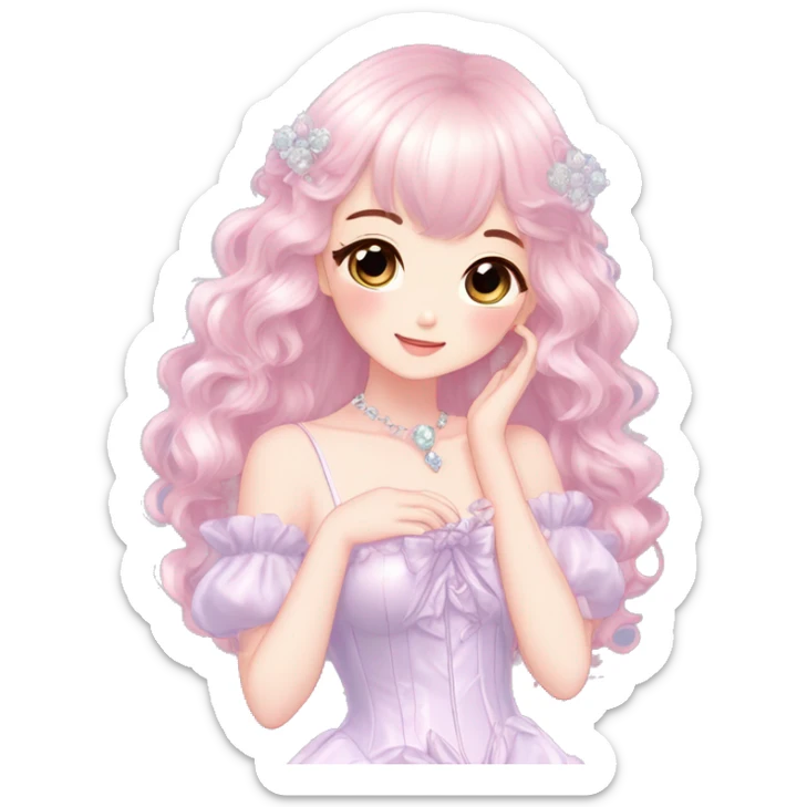 Dreamy pretty elegant kawaii shiny blushing shy anime pastel lady kawaii beautiful hair naturecore fairycore cottagecore jewels trending aesthetic full body sticker