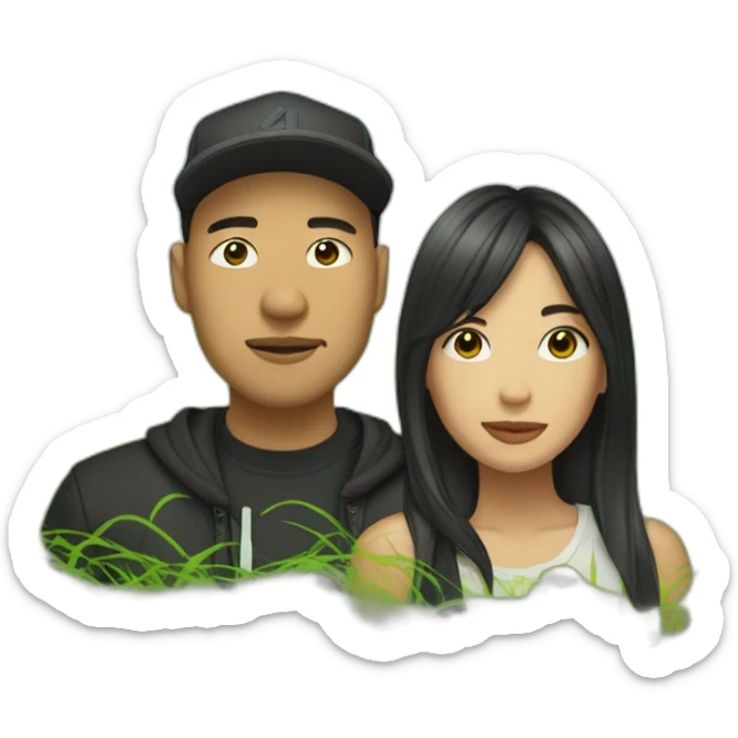 asian male rapper and a female songwriter in a huge grassland sticker