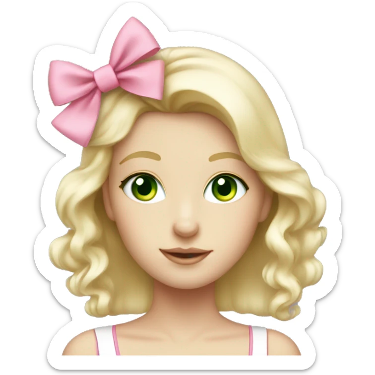 Blonde girl green eyes with pink bow in her hair and white kitten sticker