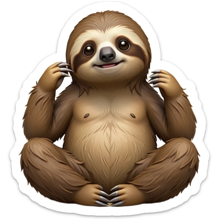 cinematic-sloth-realistic-full-body-sitting-emoji,-long-curved-claws-clinging,-thick-shaggy-brown-fur-slightly-ruffled,-head-tilted-dramatically,-slow-blinking-eyes-filled-with-serene-wisdom,-simplified-yet-realistic-focused-features,-highly-detailed,-glowing-with-an-almost-sarcastic-glow sticker