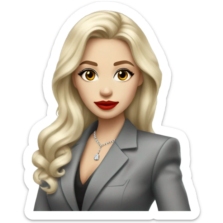 Russian Blonde long hair with big red lips small nose and black eyes Tiffany diamond seller in a grey suit sticker