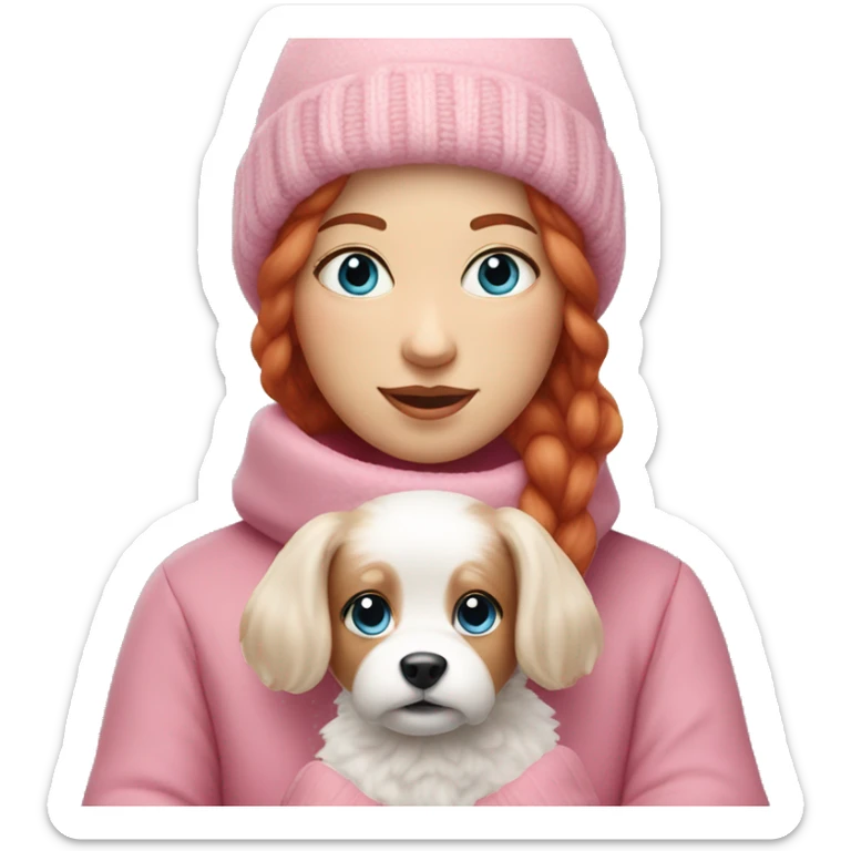 Woman with red hair and blue eyes wearing pink winter clothes holding a small white dog with fluffy fur  sticker
