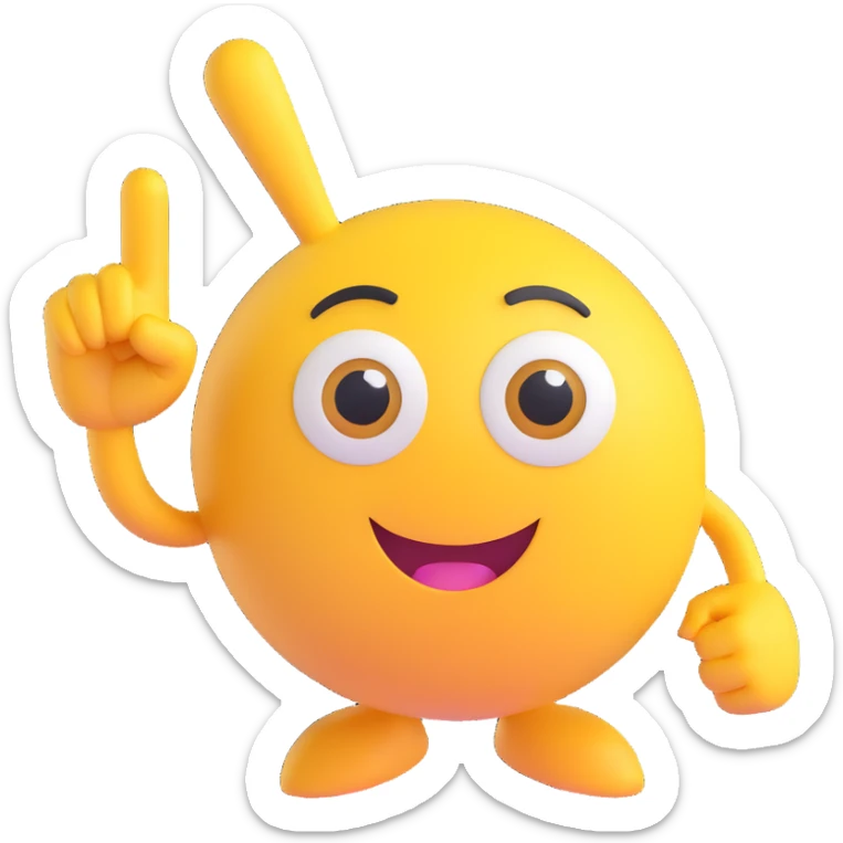 A yellow round emoji character with big eyes and a confident smile, clearly pointing both index fingers at itself. Strong “ME!” expression. Bold cartoon style, isolated on white sticker
