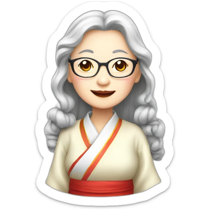 Chinese seniors lady wear glasses has wavy long hair wear Chinese traditional dress show appreciation sign sticker