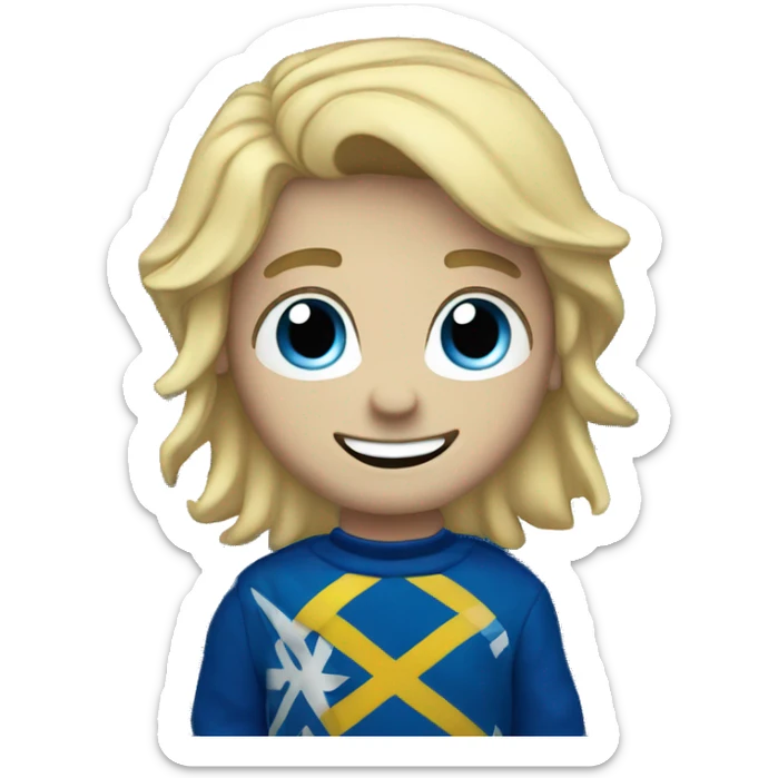 Male with blonde hair and blue eyes waving hand smiling with a Scotland flag sticker