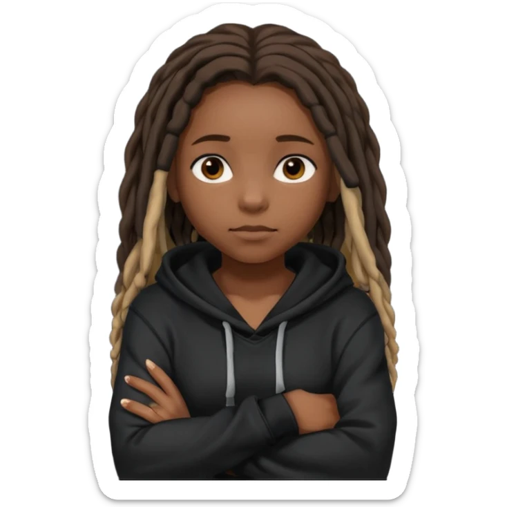 African American dark skin girl with shoulder length dreadlocks wearing a plain black hoodie with her arms folded across her chest sticker
