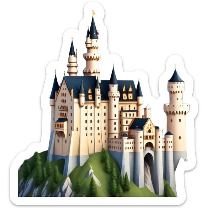 Cinematic Realistic Neuschwanstein Castle Landmark Emoji, depicted as the fairy‚Äêtale castle set against a mountainous backdrop rendered with dramatic lighting and intricate textures. sticker