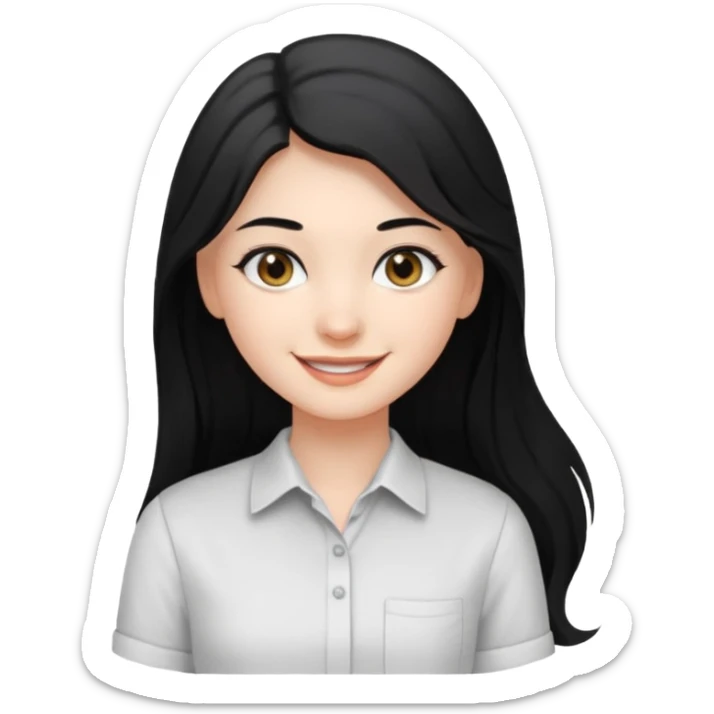 girl with long ash black hair, gray eyes, white shirt, smiling sticker