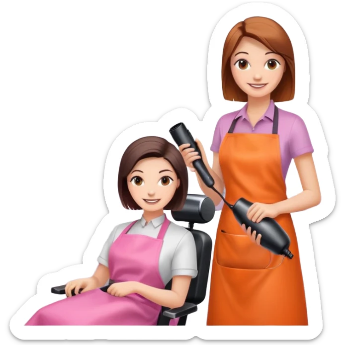 smiling woman client in pink apron sitting in salon chair, female hairstylist smiling behind her with orange apron, holding a hairdryer in right hand sticker