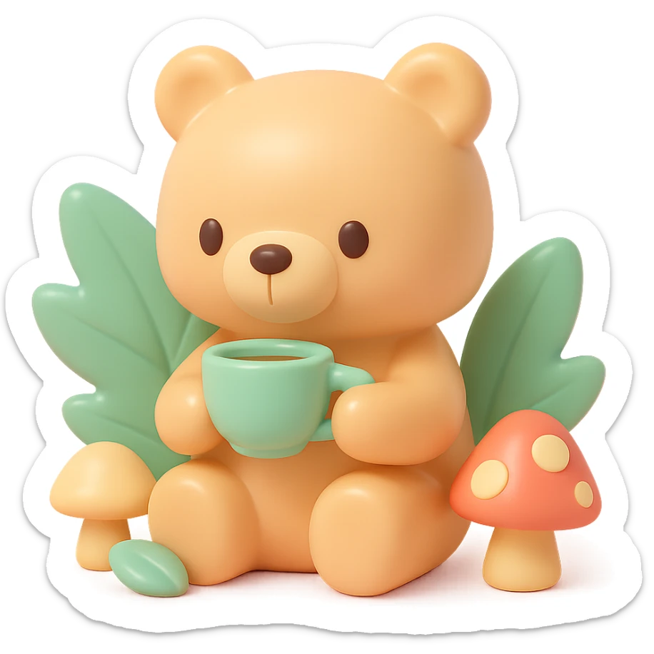 little bear sipping tea in the forest, surrounded by leaves and mushrooms, vinyl figure style sticker