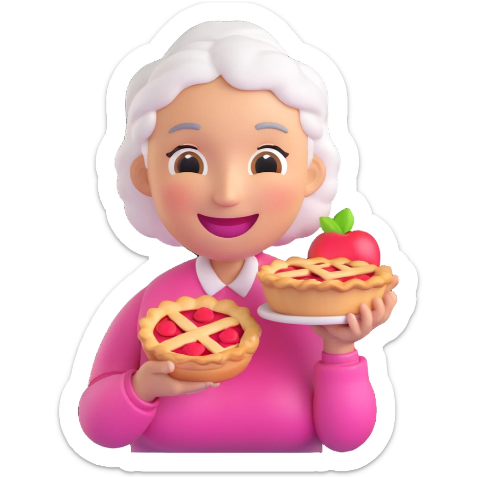 3D smiley emoji, round shape, grandmother holding an apple pie, pink color, smiling face sticker