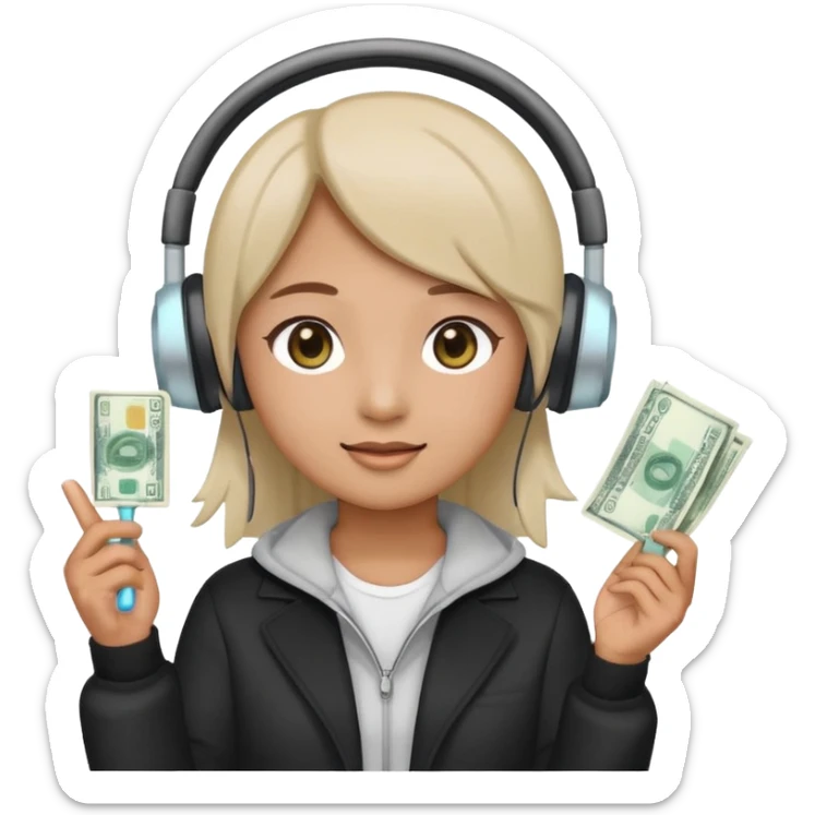 cute emoji style illustration of a K-pop fan holding a bright lightstick in one hand and cash money bills in the other hand, wearing a large headset on the head, round face, simple eyes, flat vector style, soft colors, transparent background, clean outline sticker