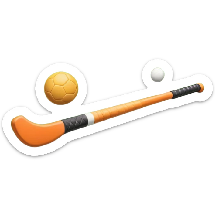 A field hockey stick and ball positioned on a vibrant green grass field, with the goalposts and clear field markings in the background. The scene highlights the lush, well-maintained turf, emphasizing the speed and precision of the sport in an energizing outdoor setting. sticker