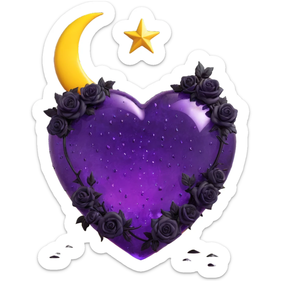 gothic heart made of purple glass with a crescent moon in the center, scattered small black roses, bold stardust, intense lightning bolt, heavy rain, deep cracked glass texture sticker
